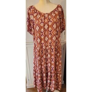 Knox Rose Women's Cognac Peasant Tiered  Short Puff Sleeve Dress XXL